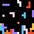 tetris blocks, puzzle pieces, geometric shapes, black background, purple blocks, blue blocks, orange blocks, pink blocks, red blocks, yellow blocks, white blocks, gaming pattern, video game inspired, colorful squares, interlocking pieces, digital art style, modern geometric,, fabric panel, block matching game