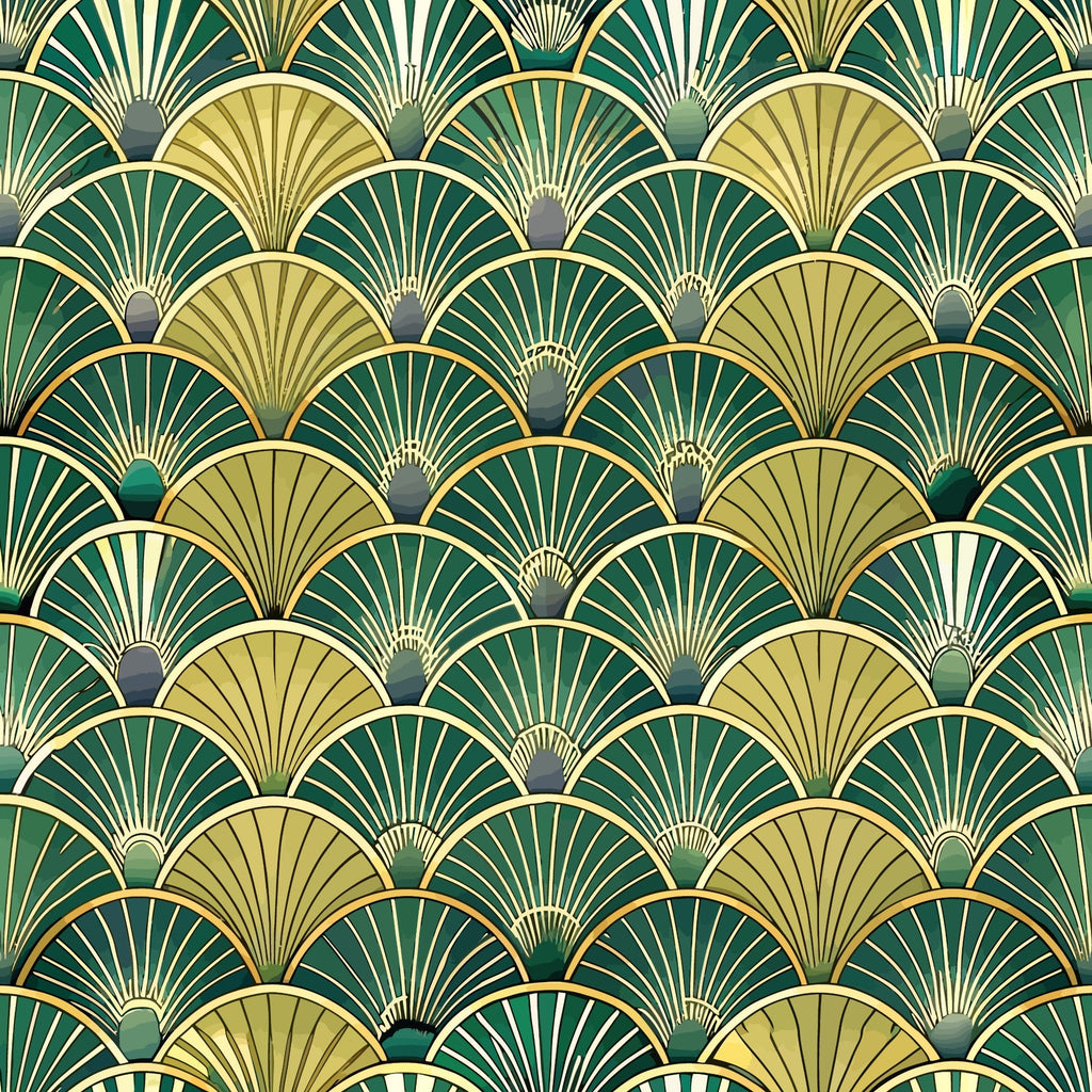 art deco, fan pattern, geometric design, emerald green, forest green, gold, cream, beige, overlapping scales, radiating lines, vintage style, 1920s inspired, luxurious, elegant motif, repeating pattern,, fabric panel, scalloped shapes, metallic accents, peacock feathers
