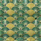 art deco, fan pattern, geometric design, emerald green, forest green, gold, cream, beige, overlapping scales, radiating lines, vintage style, 1920s inspired, luxurious, elegant motif, repeating pattern,, fabric panel, scalloped shapes, metallic accents, peacock feathers