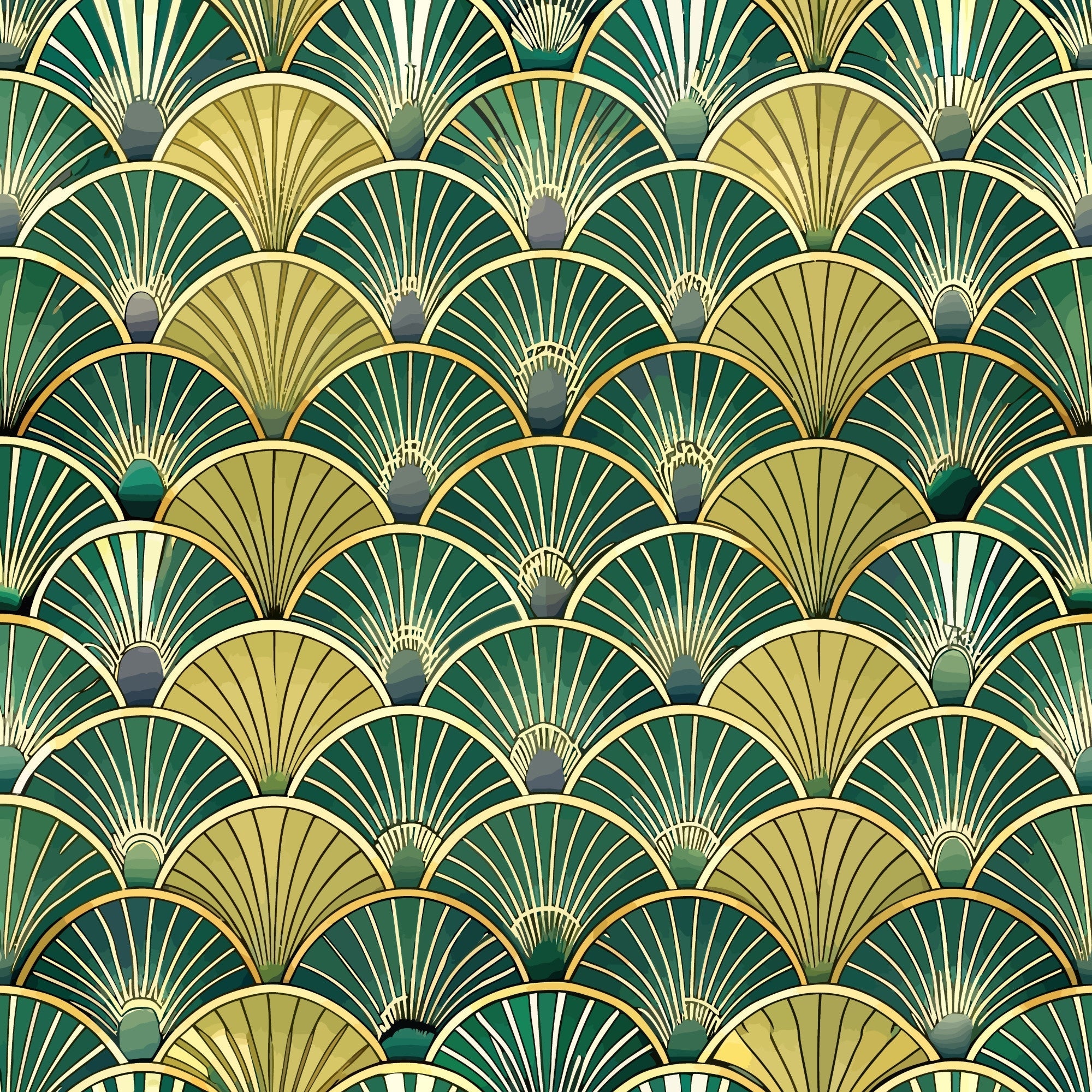 art deco, fan pattern, geometric design, emerald green, forest green, gold, cream, beige, overlapping scales, radiating lines, vintage style, 1920s inspired, luxurious, elegant motif, repeating pattern,, fabric panel, scalloped shapes, metallic accents, peacock feathers