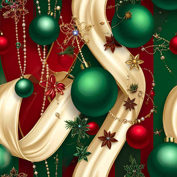 emerald green, forest green, deep red, burgundy, cream, gold, pearl white, christmas, holiday, festive, ornaments, baubles, ribbons, bows, star anise, spice theme, elegant, luxurious, traditional, winter, seasonal, decorative, botanical, nature-inspired, gold beads, pearl strands, dimensional, rich colors, premium