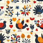 fabric panel, folk art, birds, botanical motifs, hearts, flowers, orange, navy blue, red, cream background, nature designs, floral patterns, feathered friends, patchwork squares, autumn colors, whimsical illustrations, decorative blocks, craft fabric, handmade style