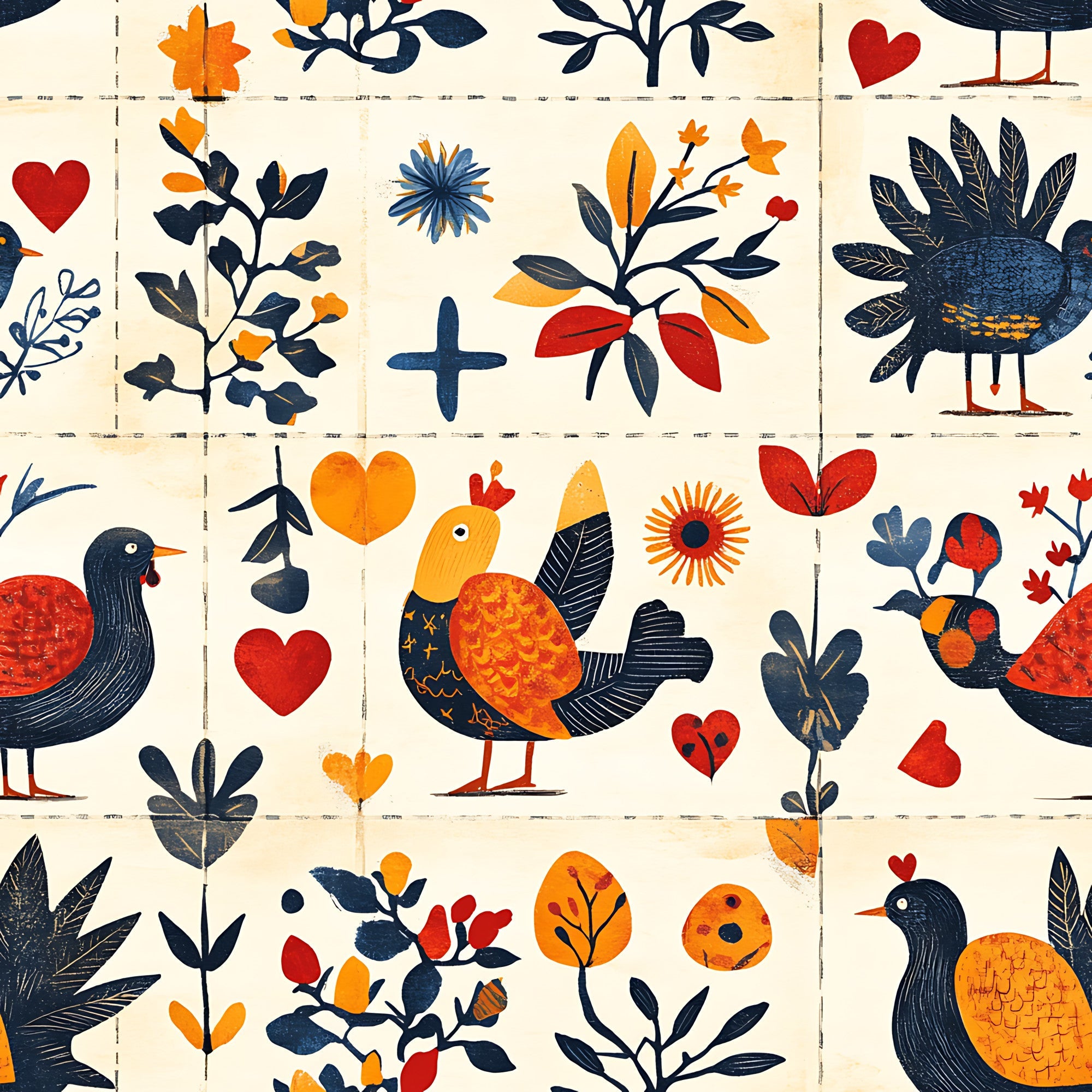 fabric panel, folk art, birds, botanical motifs, hearts, flowers, orange, navy blue, red, cream background, nature designs, floral patterns, feathered friends, patchwork squares, autumn colors, whimsical illustrations, decorative blocks, craft fabric, handmade style