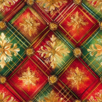 red, green, gold, christmas, plaid, tartan, floral motifs, chrysanthemums, diagonal pattern, geometric design,, fabric panel, holiday fabric, festive colors, checkered background, golden flowers, winter blooms, seasonal fabric, craft fabric, patchwork design