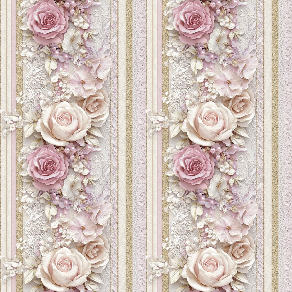 dusky pink, cream, gold, blush, vertical stripes, floral arrangement, roses, small flowers, lace details,, fabric panel, romantic style, soft pastels, vintage inspired, delicate blooms, striped pattern, feminine design, layered florals, shabby chic, wedding colors