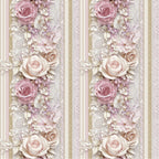 dusky pink, cream, gold, blush, vertical stripes, floral arrangement, roses, small flowers, lace details,, fabric panel, romantic style, soft pastels, vintage inspired, delicate blooms, striped pattern, feminine design, layered florals, shabby chic, wedding colors