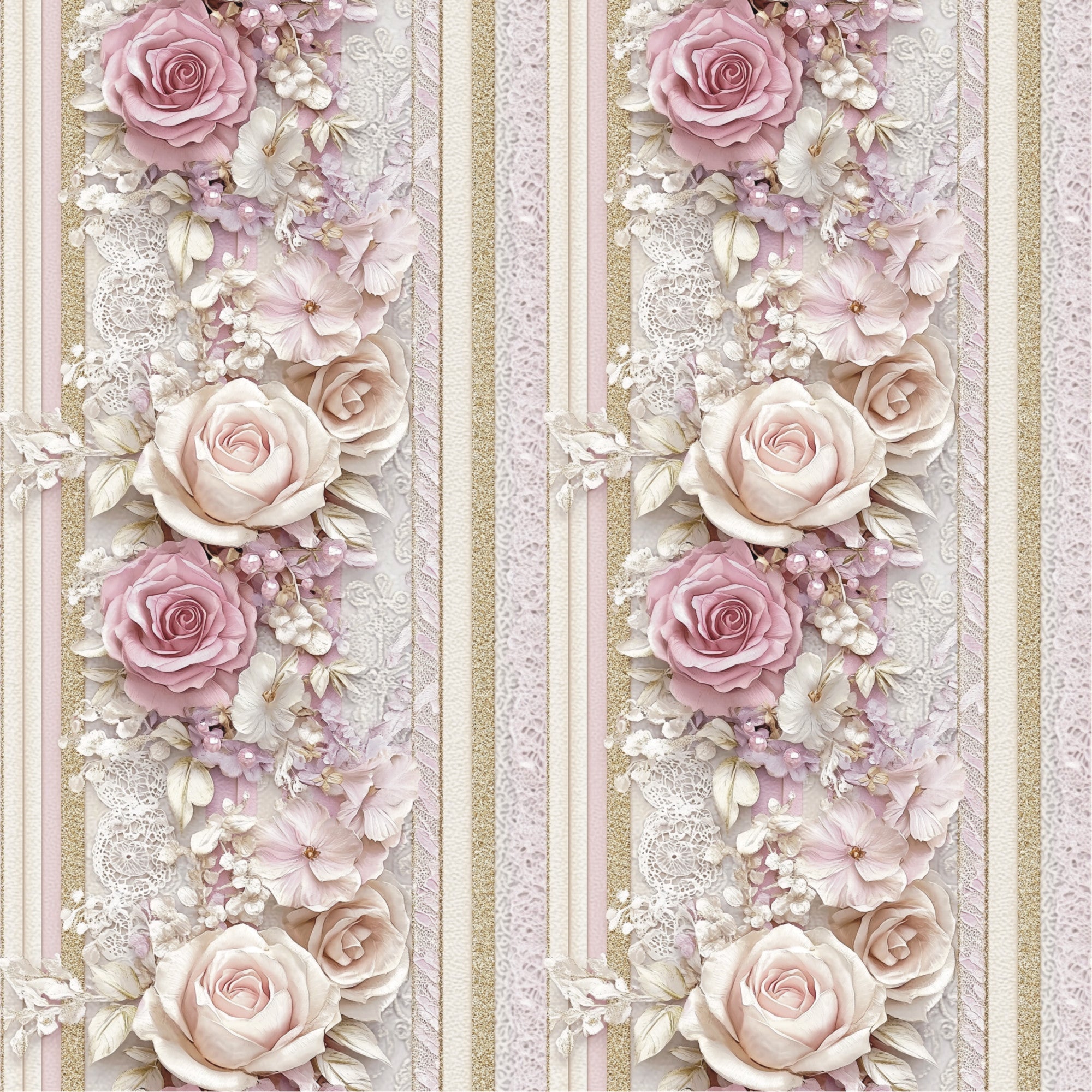 dusky pink, cream, gold, blush, vertical stripes, floral arrangement, roses, small flowers, lace details,, fabric panel, romantic style, soft pastels, vintage inspired, delicate blooms, striped pattern, feminine design, layered florals, shabby chic, wedding colors
