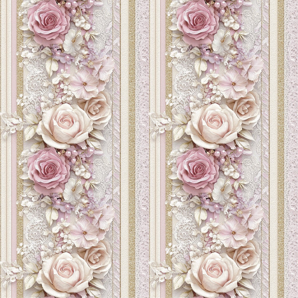 dusky pink, cream, gold, blush, vertical stripes, floral arrangement, roses, small flowers, lace details,, fabric panel, romantic style, soft pastels, vintage inspired, delicate blooms, striped pattern, feminine design, layered florals, shabby chic, wedding colors