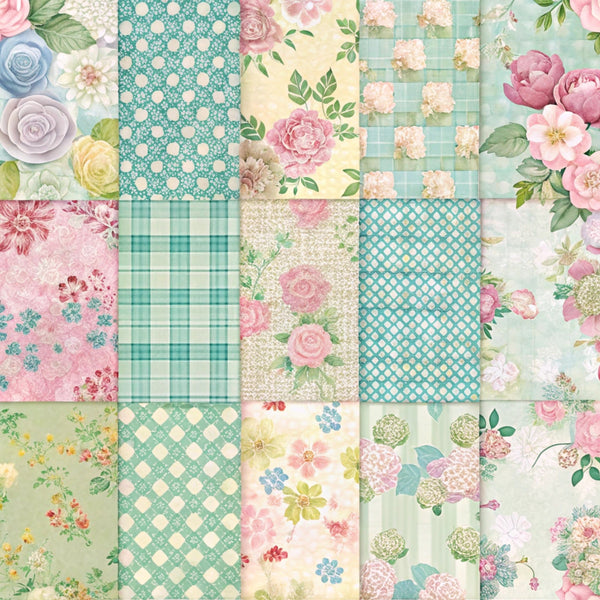 spring patchwork,, fabric panel, pastel colors, mint green, soft pink, cream, yellow, floral motifs, roses, peonies, polka dots, gingham check, diamond pattern, vintage flowers, cottage core, shabby chic, botanical elements, delicate blooms, patchwork squares