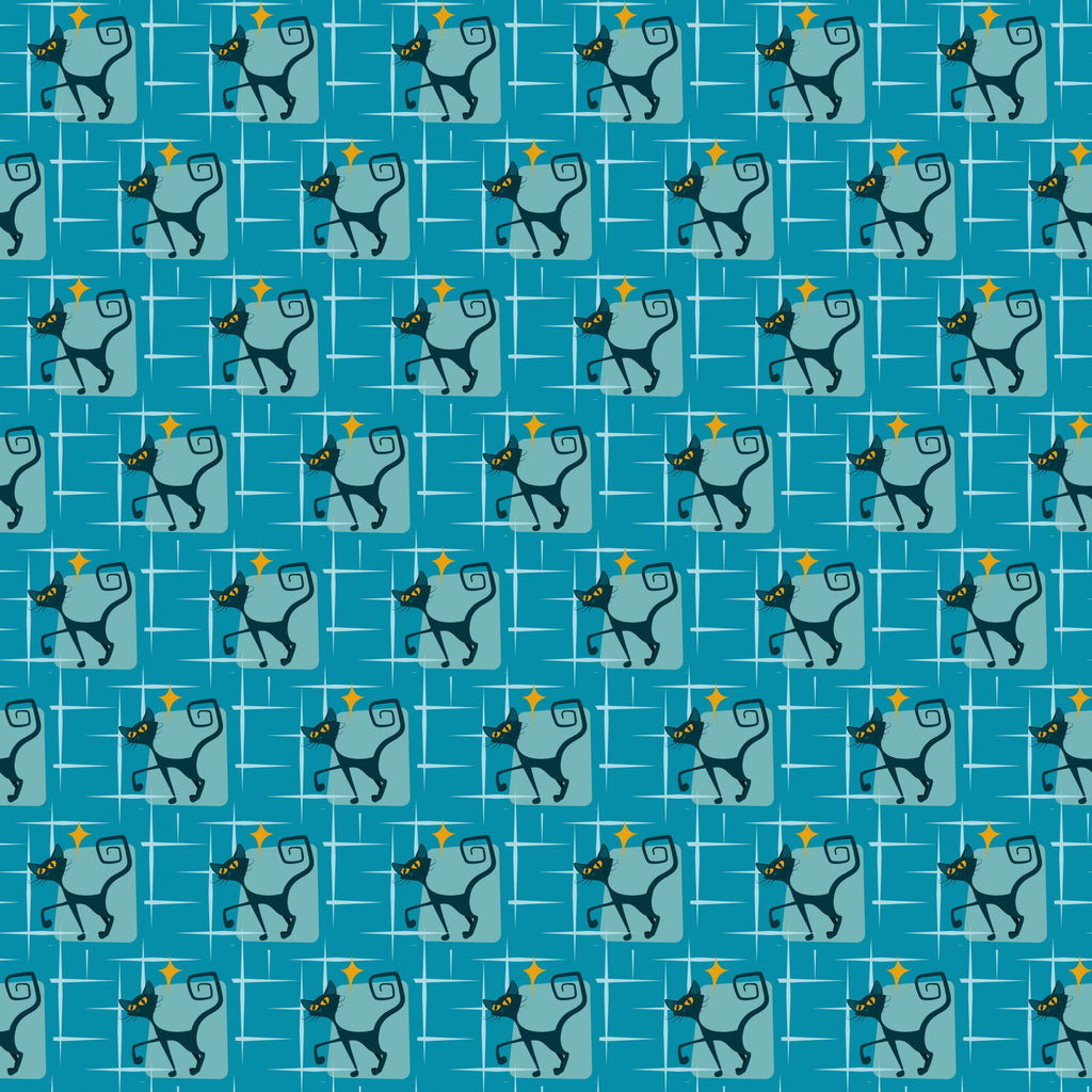 atomic kitty, mid-century modern, retro cats, turquoise blue, teal background, orange diamonds, geometric pattern, stylized cats, 1950s style, atomic age,, repeating pattern, vintage inspired, mod design, angular cats, boomerang shapes, starbursts, fabric panel, craft fabric, retro atomic