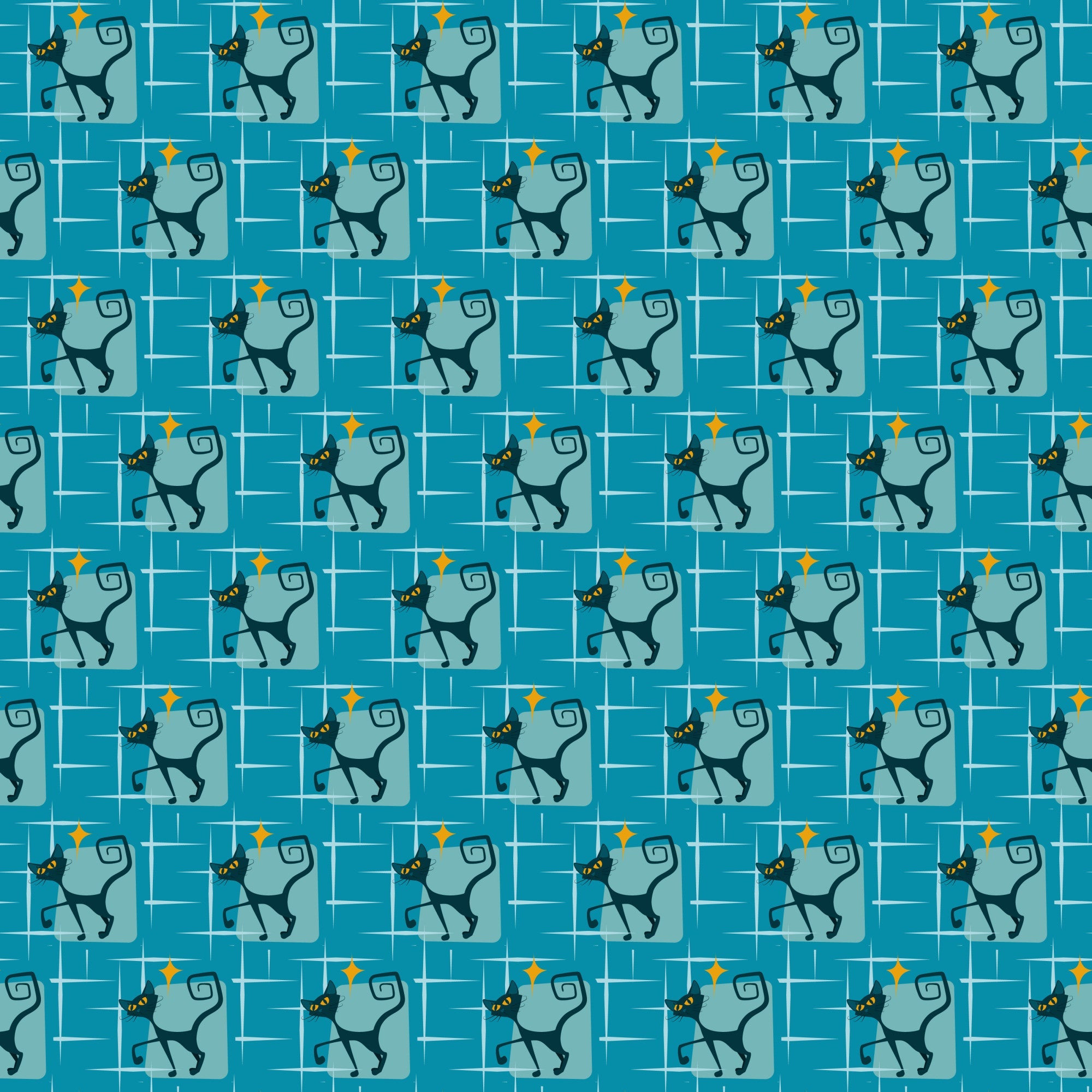 atomic kitty, mid-century modern, retro cats, turquoise blue, teal background, orange diamonds, geometric pattern, stylized cats, 1950s style, atomic age,, repeating pattern, vintage inspired, mod design, angular cats, boomerang shapes, starbursts, fabric panel, craft fabric, retro atomic
