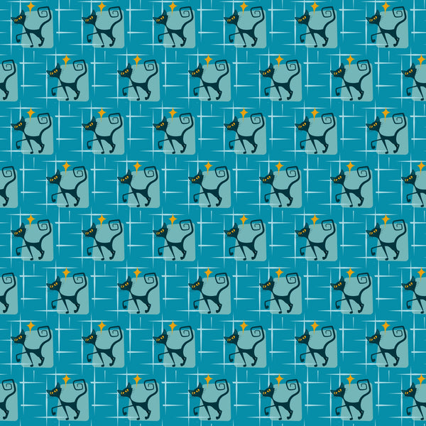 atomic kitty, mid-century modern, retro cats, turquoise blue, teal background, orange diamonds, geometric pattern, stylized cats, 1950s style, atomic age,, repeating pattern, vintage inspired, mod design, angular cats, boomerang shapes, starbursts, fabric panel, craft fabric, retro atomic