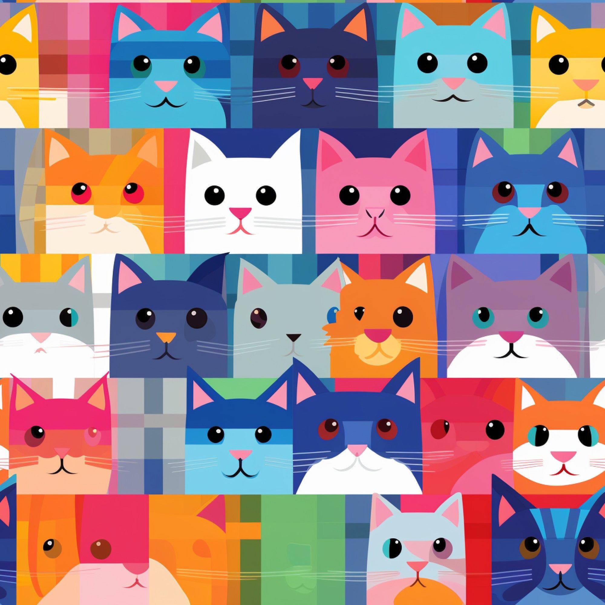 cat faces, geometric cats, patchwork design,, fabric panel, colorful squares, blue cats, orange cats, pink cats, white cats, purple cats, red cats, yellow cats, turquoise cats, modern art style, playful design, cute animals, bright colors, contemporary pattern, whimsical cats