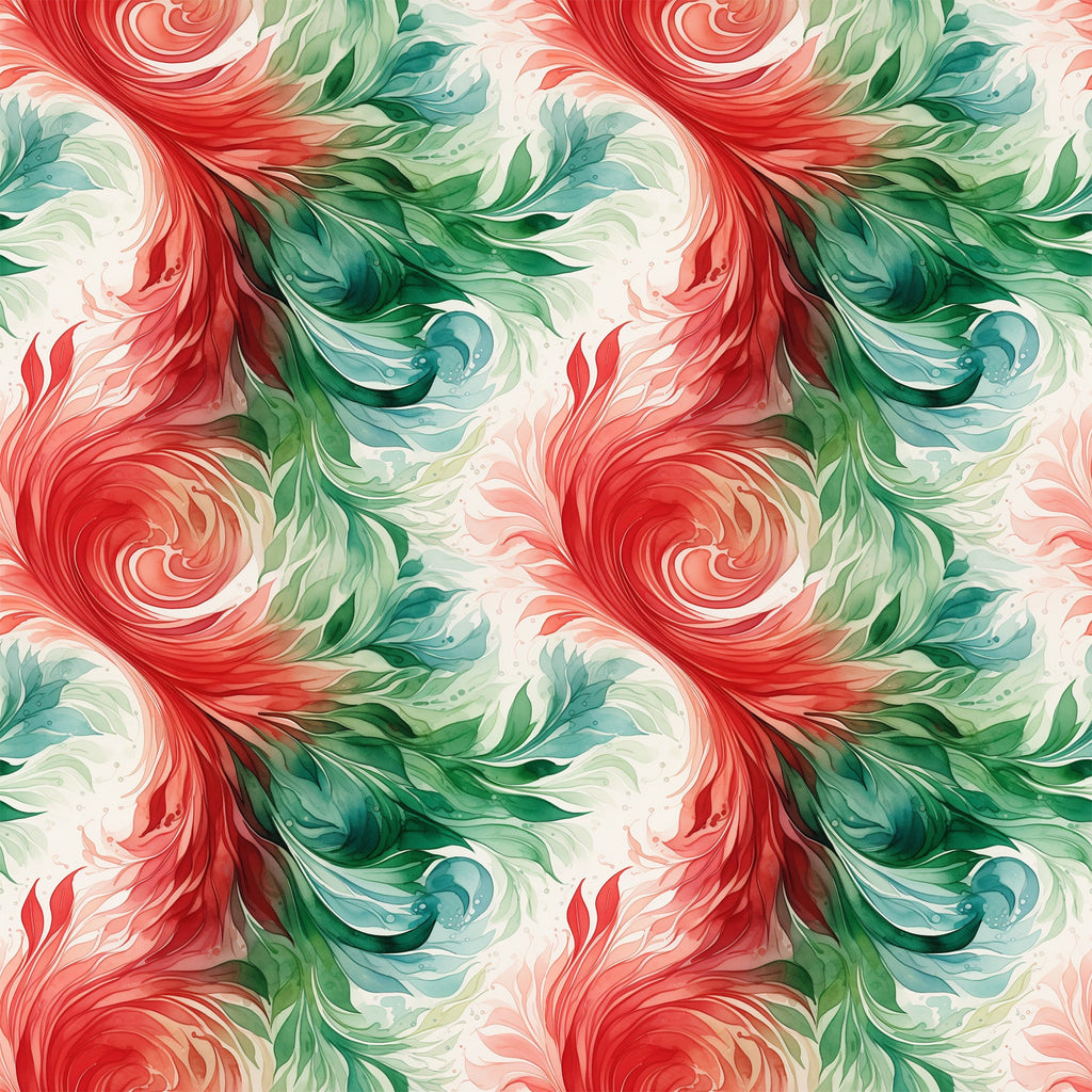 coral red, forest green, teal blue, cream white, watercolor swirls, flowing spirals, abstract pattern, seamless design, painterly style, christmas colors, holiday fabric,, fabric panel, organic movement, fluid brushstrokes, festive palette, artistic swirls, decorative motifs, winter theme, craft fabric