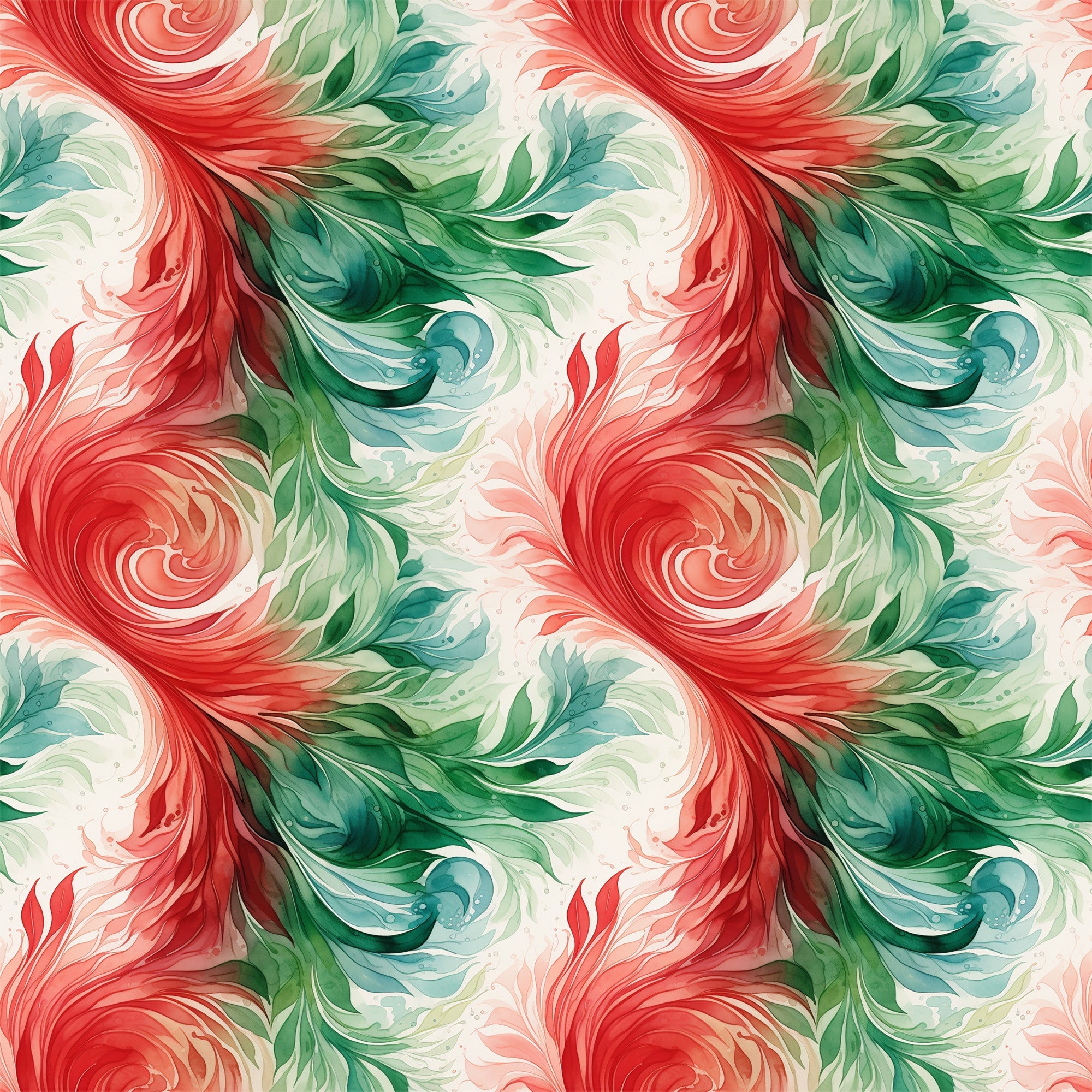 coral red, forest green, teal blue, cream white, watercolor swirls, flowing spirals, abstract pattern, seamless design, painterly style, christmas colors, holiday fabric,, fabric panel, organic movement, fluid brushstrokes, festive palette, artistic swirls, decorative motifs, winter theme, craft fabric