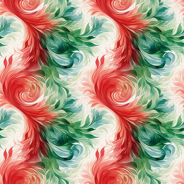 coral red, forest green, teal blue, cream white, watercolor swirls, flowing spirals, abstract pattern, seamless design, painterly style, christmas colors, holiday fabric,, fabric panel, organic movement, fluid brushstrokes, festive palette, artistic swirls, decorative motifs, winter theme, craft fabric