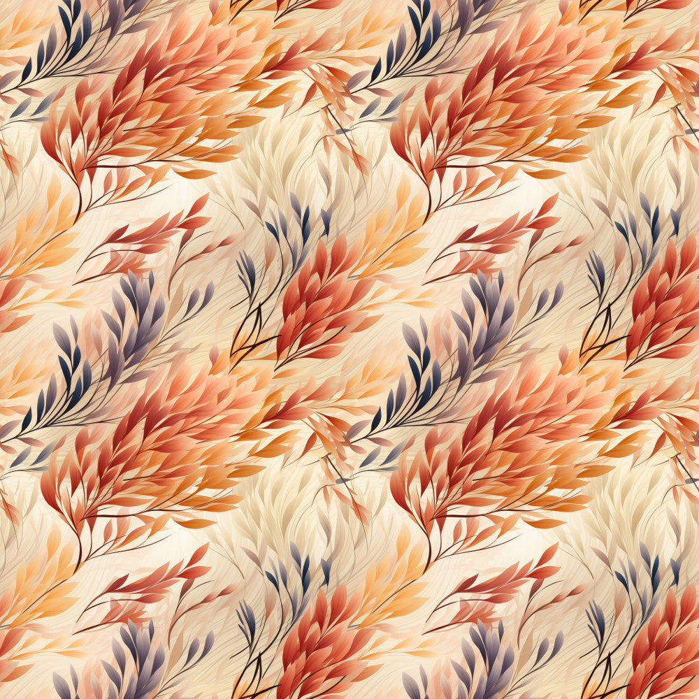 warm autumn tones, burnt orange, coral red, navy blue, cream beige, golden yellow, feathery leaves, botanical, nature-inspired, flowing branches, abstract floral, elegant, modern, whimsical, autumn colors, fall foliage, transitional style, warm color palette, decorative leaves, organic patterns, contemporary botanical, sunset colors, rust red, taupe, soft peachy tones, seasonal decor, home accent, artistic leaves, gradient coloring, flowing design