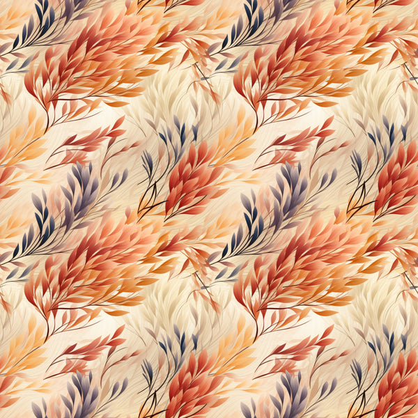 warm autumn tones, burnt orange, coral red, navy blue, cream beige, golden yellow, feathery leaves, botanical, nature-inspired, flowing branches, abstract floral, elegant, modern, whimsical, autumn colors, fall foliage, transitional style, warm color palette, decorative leaves, organic patterns, contemporary botanical, sunset colors, rust red, taupe, soft peachy tones, seasonal decor, home accent, artistic leaves, gradient coloring, flowing design