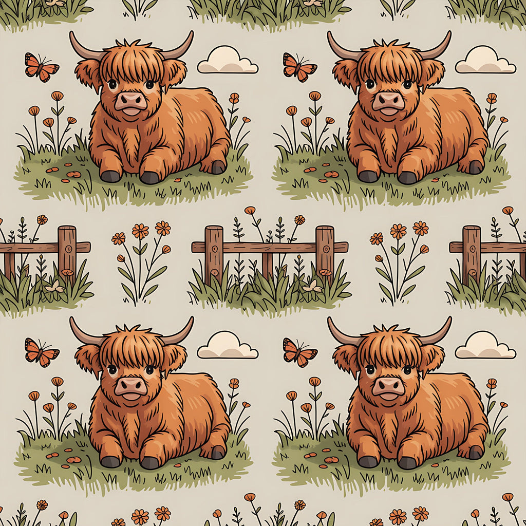 highland cows, cartoon style, brown cattle, orange fur, pastoral scene, wooden fence, wildflowers, butterflies, green grass, clouds, repeating pattern,, fabric panel, farm animals, countryside, cute illustration, beige background, nature motifs, whimsical design, scottish cattle