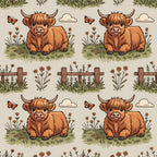 highland cows, cartoon style, brown cattle, orange fur, pastoral scene, wooden fence, wildflowers, butterflies, green grass, clouds, repeating pattern,, fabric panel, farm animals, countryside, cute illustration, beige background, nature motifs, whimsical design, scottish cattle