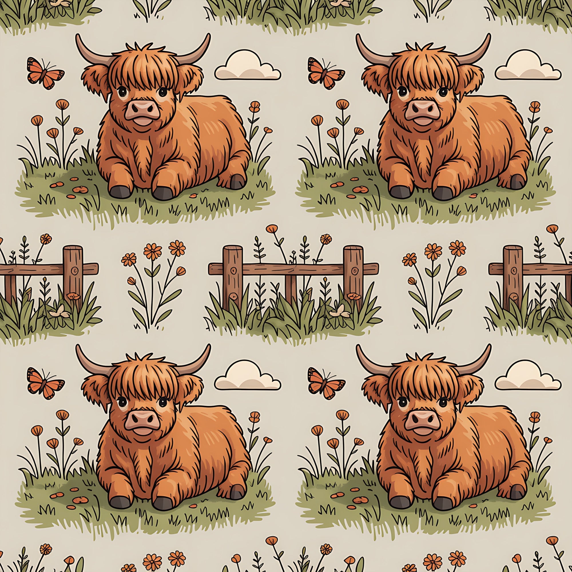 highland cows, cartoon style, brown cattle, orange fur, pastoral scene, wooden fence, wildflowers, butterflies, green grass, clouds, repeating pattern,, fabric panel, farm animals, countryside, cute illustration, beige background, nature motifs, whimsical design, scottish cattle