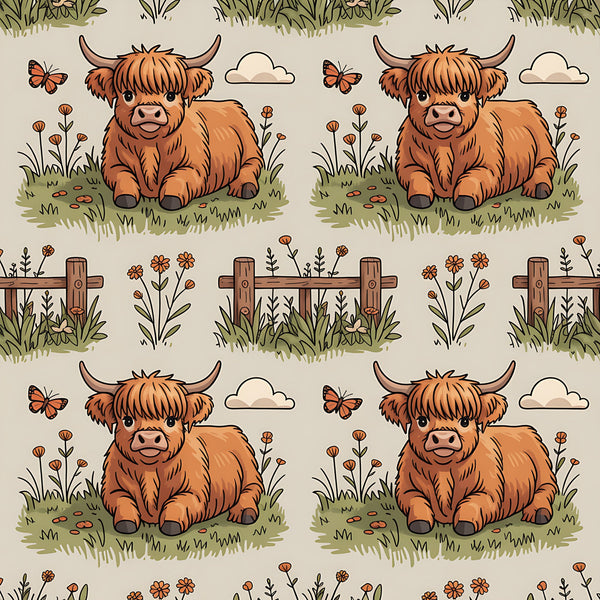 highland cows, cartoon style, brown cattle, orange fur, pastoral scene, wooden fence, wildflowers, butterflies, green grass, clouds, repeating pattern,, fabric panel, farm animals, countryside, cute illustration, beige background, nature motifs, whimsical design, scottish cattle