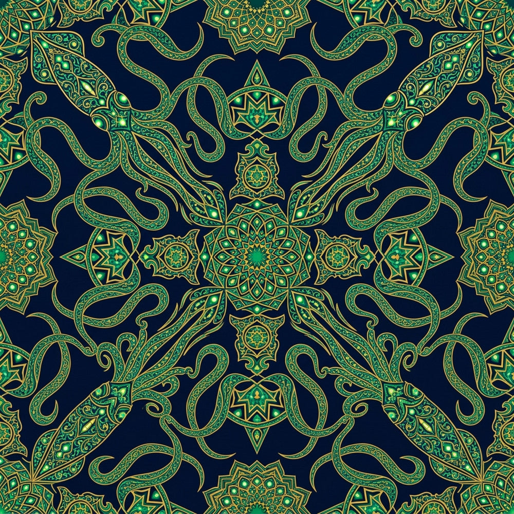 navy blue, forest green, gold, emerald green, ornate, paisley, mandala, geometric, medallion, intricate, bohemian, elegant, traditional, luxurious, ornamental, damask, star motifs, diamond patterns, scrollwork, curving vines, middle eastern, indian inspired, exotic, sophisticated, jewel tones, metallic gold accents, celestial, decorative, ornamental designs