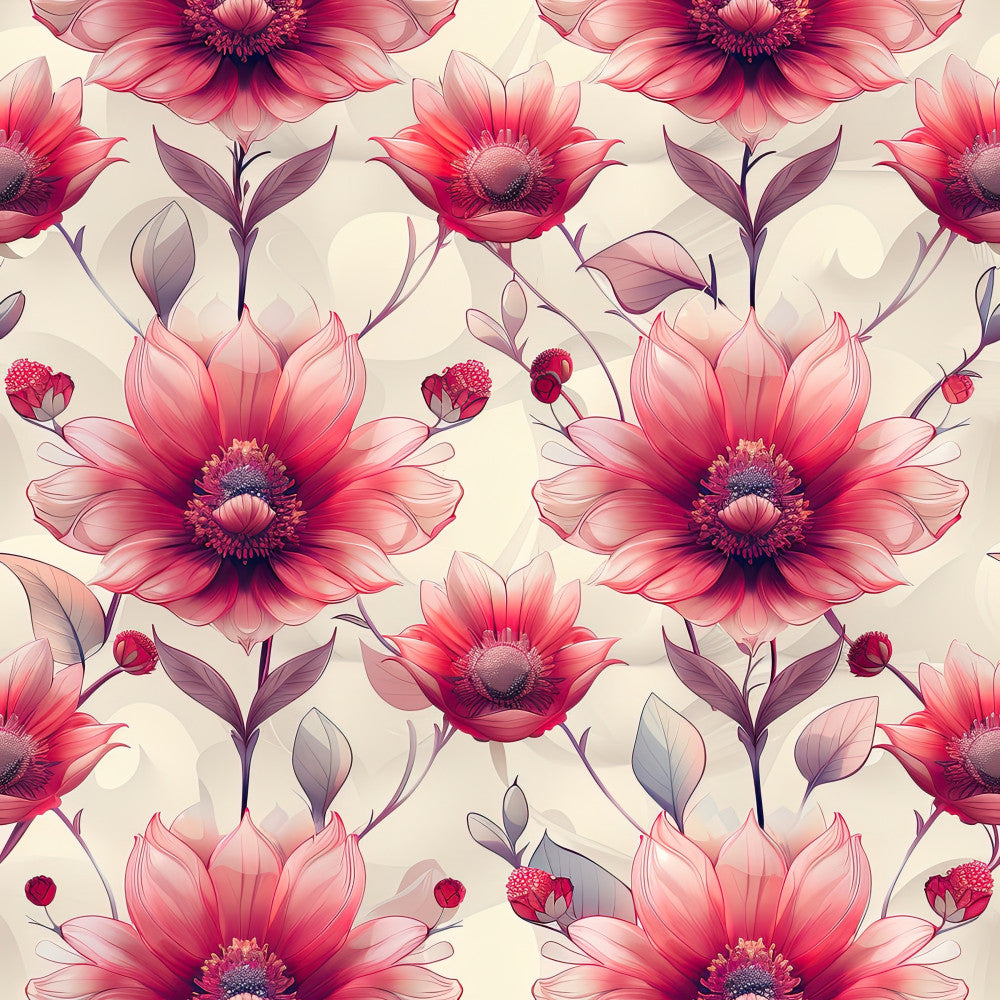 hot pink flowers, magenta blooms, coral pink petals, dusty rose, deep pink, floral pattern, botanical print, gerbera daisies, large scale florals, nature theme, garden flowers, spring florals, summer flowers, elegant style, romantic style, whimsical design, feminine pattern, blush pink, wine red centers, decorative leaves, stem details, bud elements, cream background, nursery fabric, kids room decor, baby girl, sophisticated floral, delicate petals