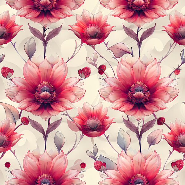 hot pink flowers, magenta blooms, coral pink petals, dusty rose, deep pink, floral pattern, botanical print, gerbera daisies, large scale florals, nature theme, garden flowers, spring florals, summer flowers, elegant style, romantic style, whimsical design, feminine pattern, blush pink, wine red centers, decorative leaves, stem details, bud elements, cream background, nursery fabric, kids room decor, baby girl, sophisticated floral, delicate petals