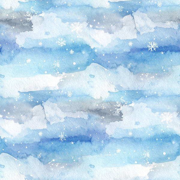sky blue, light blue, white, soft blue, pale blue, navy blue, winter, snowflakes, clouds, snow, celestial, dreamy, whimsical, watercolor, abstract, soft, gentle, nursery, baby room, kids room, peaceful, serene, calming, starry, magical, holiday, frozen, icy, pastel, soothing