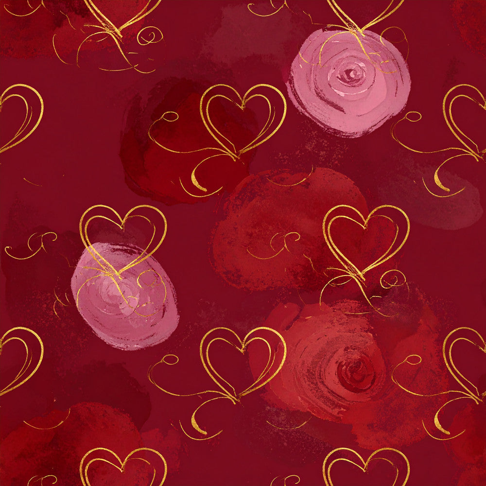 burgundy, wine red, dusty rose, mauve, gold, romantic red, deep red, floral, rose motif, heart pattern, scrollwork, elegant, romantic, vintage, luxurious, valentine's day, wedding, anniversary, love theme, decorative hearts, gold accents, ornamental, sophisticated, feminine, timeless, special occasion, celebration, red roses, pink roses, classical design