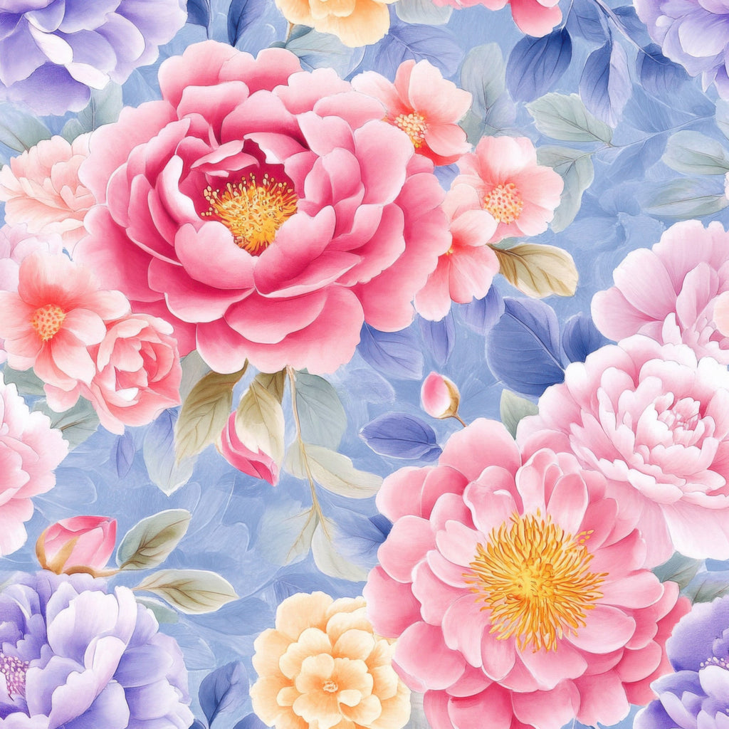 japanese floral, pink peonies, coral flowers, blue leaves, purple blooms, watercolor style, botanical pattern,, fabric panel, soft pastels, floral motifs, asian inspired, delicate petals, layered flowers, romantic mood, spring florals, feminine design, crafting material, sewing fabric