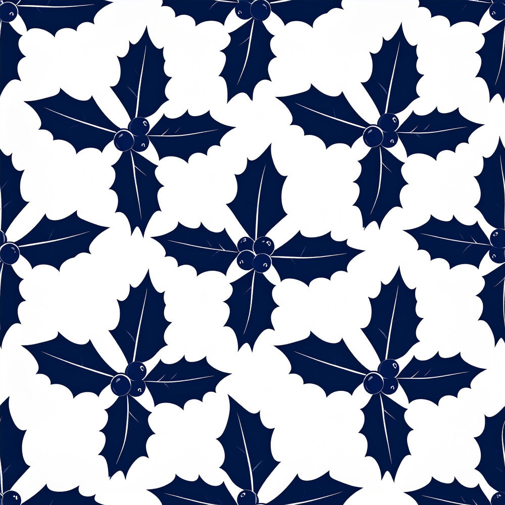 navy blue, white, holly leaves, berries, winter, christmas, holiday, festive, seasonal, botanical, nature-inspired, traditional, elegant, whimsical, geometric, repeating pattern, dark blue background, cream colored leaves, sprig motif, decorative berries, classic design, timeless, nursery, kids room, playroom, baby shower, children's decor, winter themed, festive design, natural elements