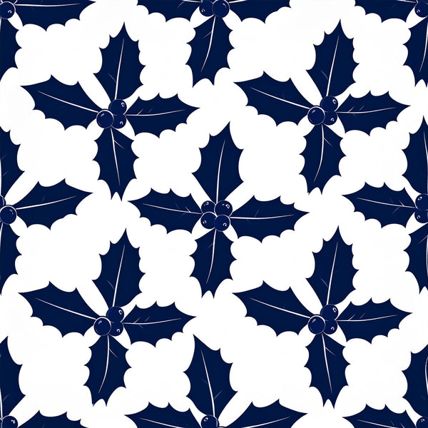 navy blue, white, holly leaves, berries, winter, christmas, holiday, festive, seasonal, botanical, nature-inspired, traditional, elegant, whimsical, geometric, repeating pattern, dark blue background, cream colored leaves, sprig motif, decorative berries, classic design, timeless, nursery, kids room, playroom, baby shower, children's decor, winter themed, festive design, natural elements