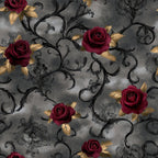 burgundy roses, deep red roses, gold leaves, black vines, gray background, charcoal gray, ornate scrolls, vintage floral, gothic floral, elegant roses, romantic floral, damask pattern, ornamental vines, luxury botanical, sophisticated design, traditional rose pattern, dark moody aesthetic, jewel tones, metallic gold accents, intricate details, victorian style, classic roses, deep wine roses, decorative scrollwork, nature-inspired, botanical print, dramatic contrast, opulent pattern, timeless design