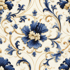 navy blue, gold, cream, ivory, floral, baroque, damask, ornate, scrollwork, acanthus leaves, vintage, elegant, traditional, classical, botanical, decorative flourishes, luxury, timeless, romantic, sophisticated, home decor, upholstery, bedding, heirloom, ornamental, grandmillennial, damask florals, blue and gold, statement fabric