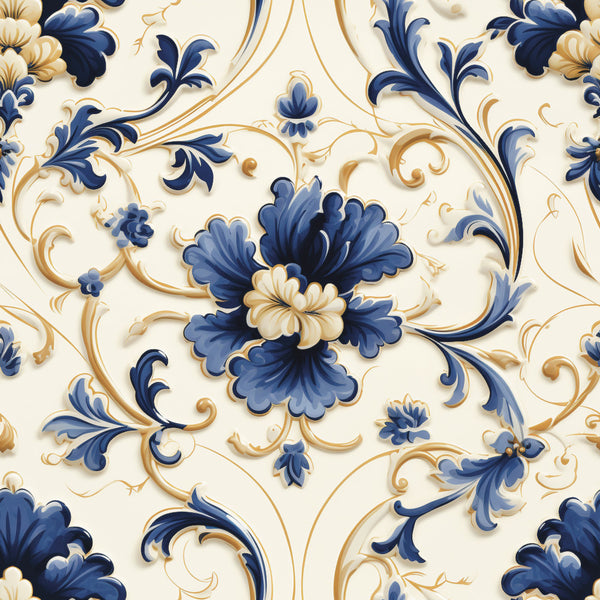 navy blue, gold, cream, ivory, floral, baroque, damask, ornate, scrollwork, acanthus leaves, vintage, elegant, traditional, classical, botanical, decorative flourishes, luxury, timeless, romantic, sophisticated, home decor, upholstery, bedding, heirloom, ornamental, grandmillennial, damask florals, blue and gold, statement fabric
