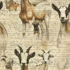 farm animals, goats, vintage script, sepia tones, brown, cream, beige, handwritten text, pastoral scene, agricultural theme,, fabric panel, rustic style, country living, barnyard animals, horned goats, aged paper background, farmhouse aesthetic, animal portraits, rural life