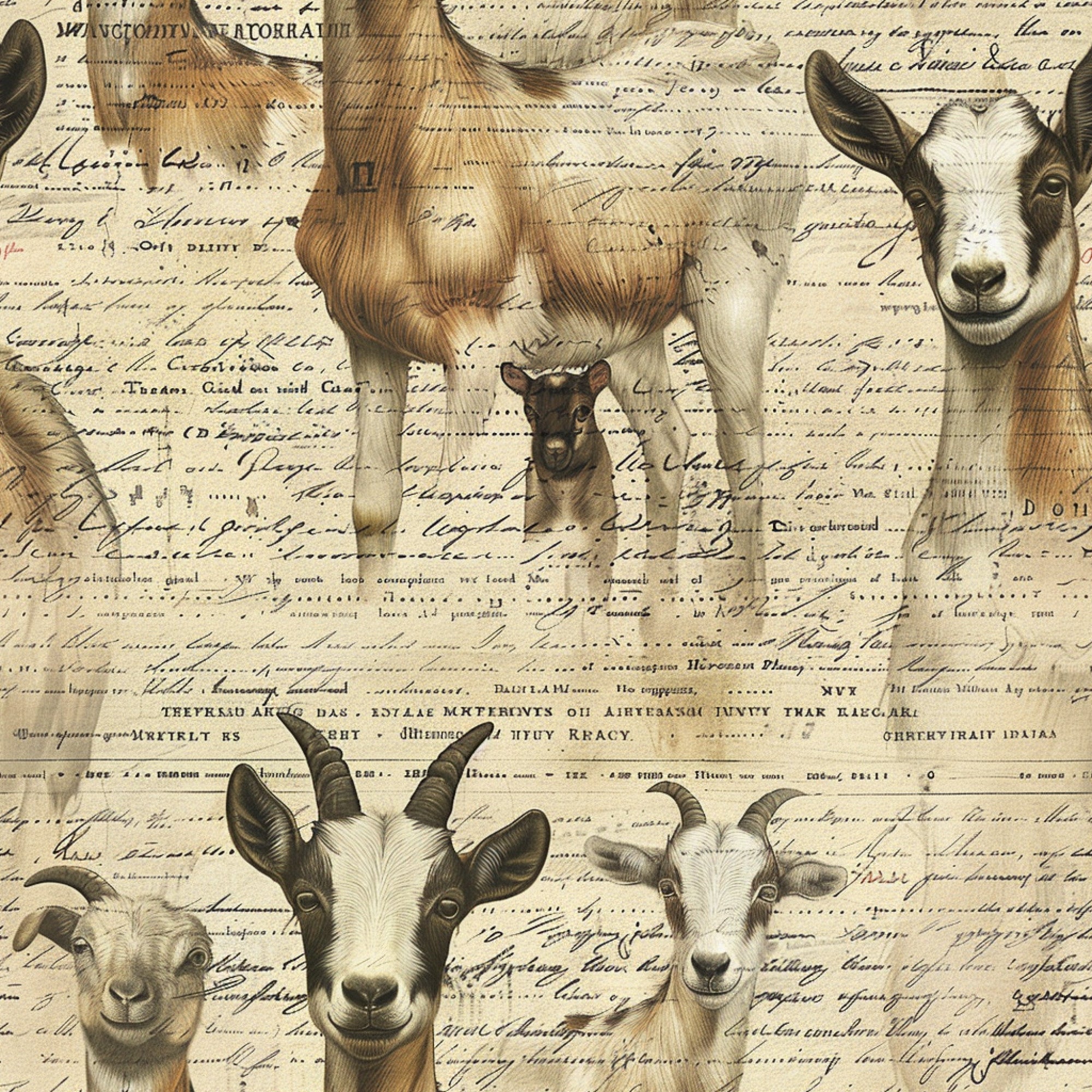 farm animals, goats, vintage script, sepia tones, brown, cream, beige, handwritten text, pastoral scene, agricultural theme,, fabric panel, rustic style, country living, barnyard animals, horned goats, aged paper background, farmhouse aesthetic, animal portraits, rural life