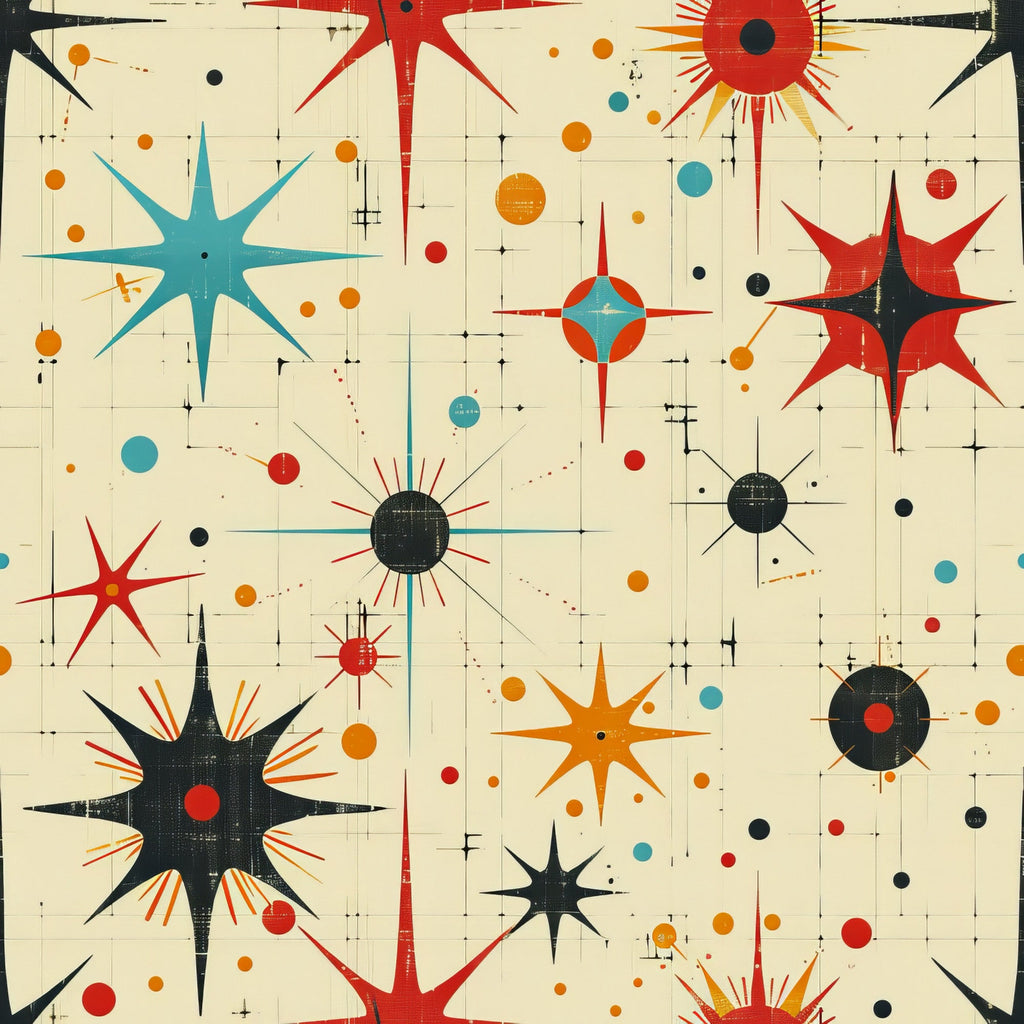 retro starburst, mid-century modern, atomic age, geometric pattern, cream background, red orange blue, teal accents, black elements, radiating stars, sunburst motifs, circular designs, grid lines, dots scattered, space age, vintage inspired,, fabric panel, 1950s style, angular shapes, cosmic theme
