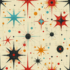 retro starburst, mid-century modern, atomic age, geometric pattern, cream background, red orange blue, teal accents, black elements, radiating stars, sunburst motifs, circular designs, grid lines, dots scattered, space age, vintage inspired,, fabric panel, 1950s style, angular shapes, cosmic theme