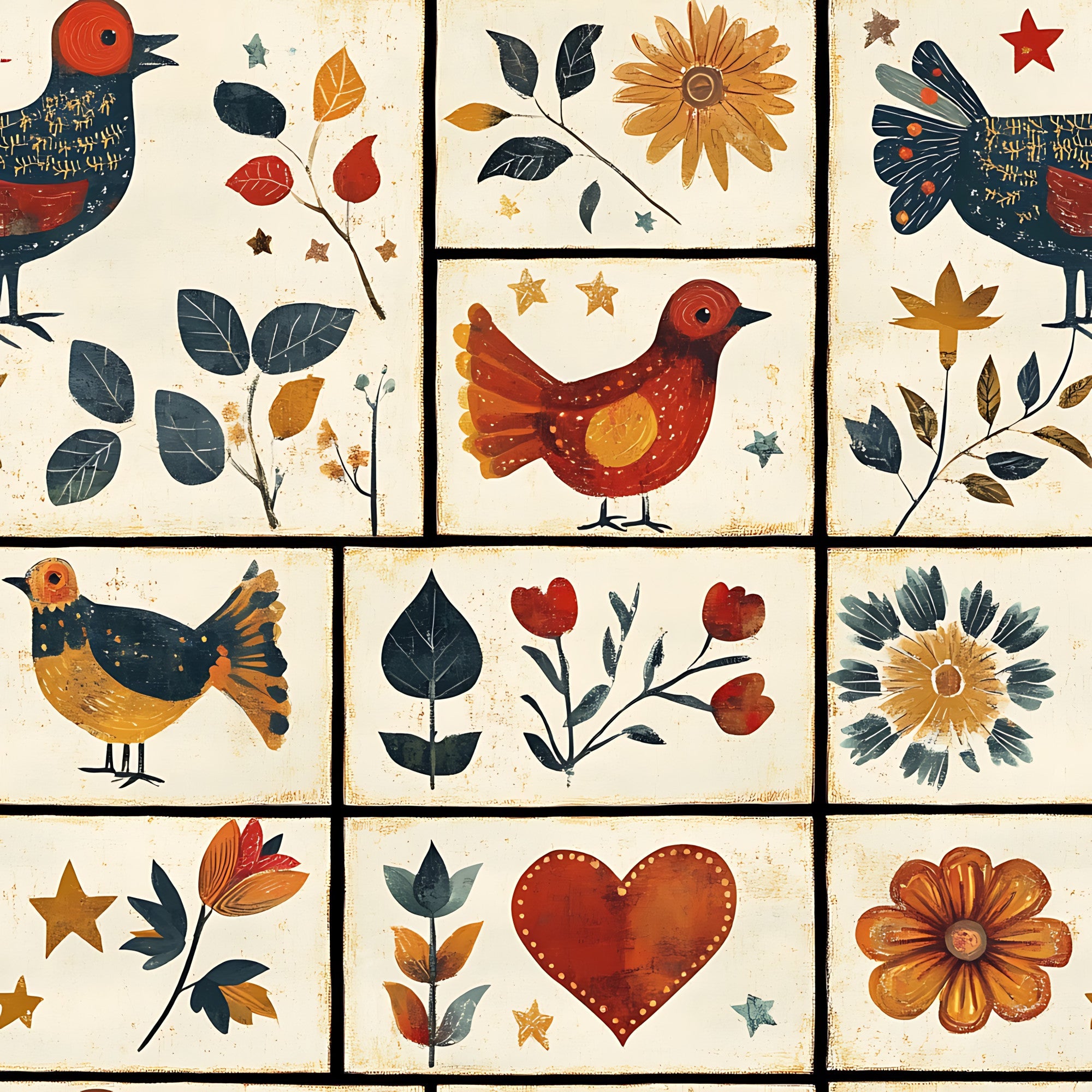 birds, floral motifs, autumn leaves, folk art style, red orange yellow, navy blue, cream background, quilting panel, cotton fabric, decorative hearts, stylized flowers, nature elements, warm color palette, block pattern, rustic charm, botanical designs, whimsical birds, country style, crafting material, patchwork squares