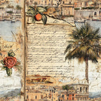 vintage postcards, travel themed, mediterranean architecture, palm trees, orange fruit, rose florals, handwritten script, sepia tones, beige background, coastal scenes, botanical elements, old world maps, weathered textures,, fabric panel, antique style, european buildings, harbor views, cursive writing, nostalgic imagery