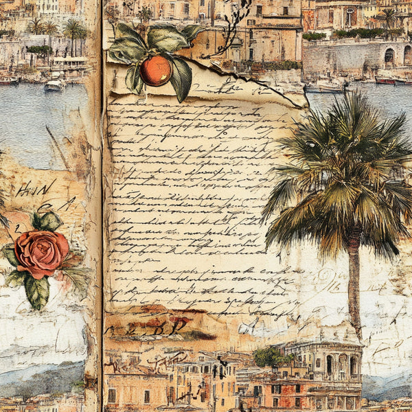 vintage postcards, travel themed, mediterranean architecture, palm trees, orange fruit, rose florals, handwritten script, sepia tones, beige background, coastal scenes, botanical elements, old world maps, weathered textures,, fabric panel, antique style, european buildings, harbor views, cursive writing, nostalgic imagery