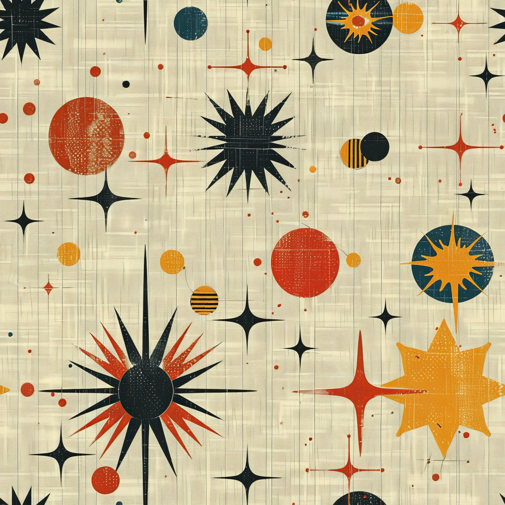 retro starburst, mid-century modern, atomic age, orange, red, teal, black, cream, beige, geometric shapes, sunburst design, star patterns, celestial motifs, space age, vintage style,, fabric panel, 1950s inspired, atomic design, radiating lines