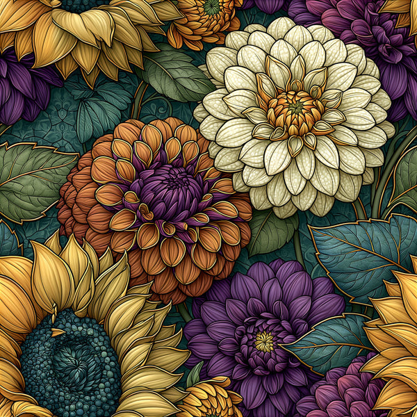 gold flowers, cream flowers, purple flowers, orange flowers, teal green, forest green, deep purple, golden yellow, floral pattern, dahlia, botanical, nature, garden, vintage floral, traditional, elegant, detailed petals, layered flowers, autumn, fall colors, warm tones, cool tones, cottage core, farmhouse style, botanical illustration, naturalistic, multi-colored flowers, spring, summer, romantic