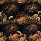 black and gold, gold and copper, metallic gold, ocean theme, sea creatures, jellyfish, octopus, nautical, coastal, baroque, ornamental, scrollwork, decorative, elegant, luxury, sophisticated, vintage, steampunk, celestial, mystical, whimsical, ocean life, marine life, copper orange, burnt orange, golden tan, dark navy, deep black, intricate patterns, baroque patterns