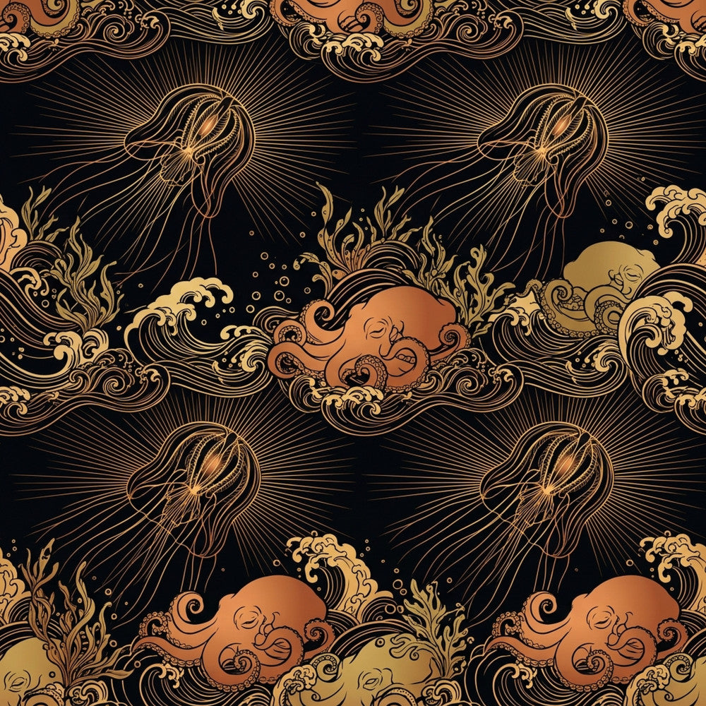 black and gold, gold and copper, metallic gold, ocean theme, sea creatures, jellyfish, octopus, nautical, coastal, baroque, ornamental, scrollwork, decorative, elegant, luxury, sophisticated, vintage, steampunk, celestial, mystical, whimsical, ocean life, marine life, copper orange, burnt orange, golden tan, dark navy, deep black, intricate patterns, baroque patterns