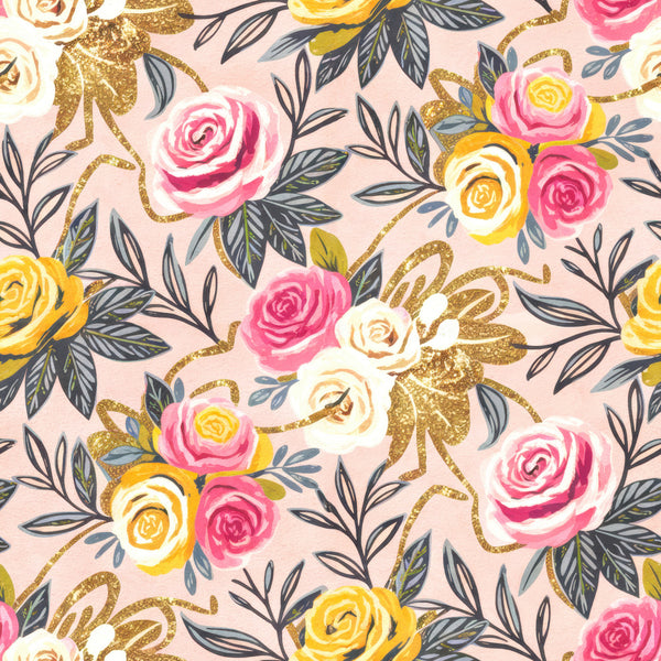 blush pink, hot pink, cream white, golden yellow, navy blue, teal, sage green, gold glitter, floral, roses, botanical, leaves, ribbons, bows, elegant, romantic, whimsical, spring, garden, nature, feminine, vintage, modern feminine, baby girl, nursery, baby shower, polka dots accent, layered flowers, multi-colored blooms, peachy pink