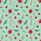 mint green, red, candy cane, poinsettia, christmas, holiday, festive, winter, evergreen, pine branches, berries, stars, red stars, striped, candy cane striped, whimsical, cheerful, traditional, seasonal, kids, children, playroom, nursery, red and white, botanical, nature, december, festive decorations, bright, vibrant